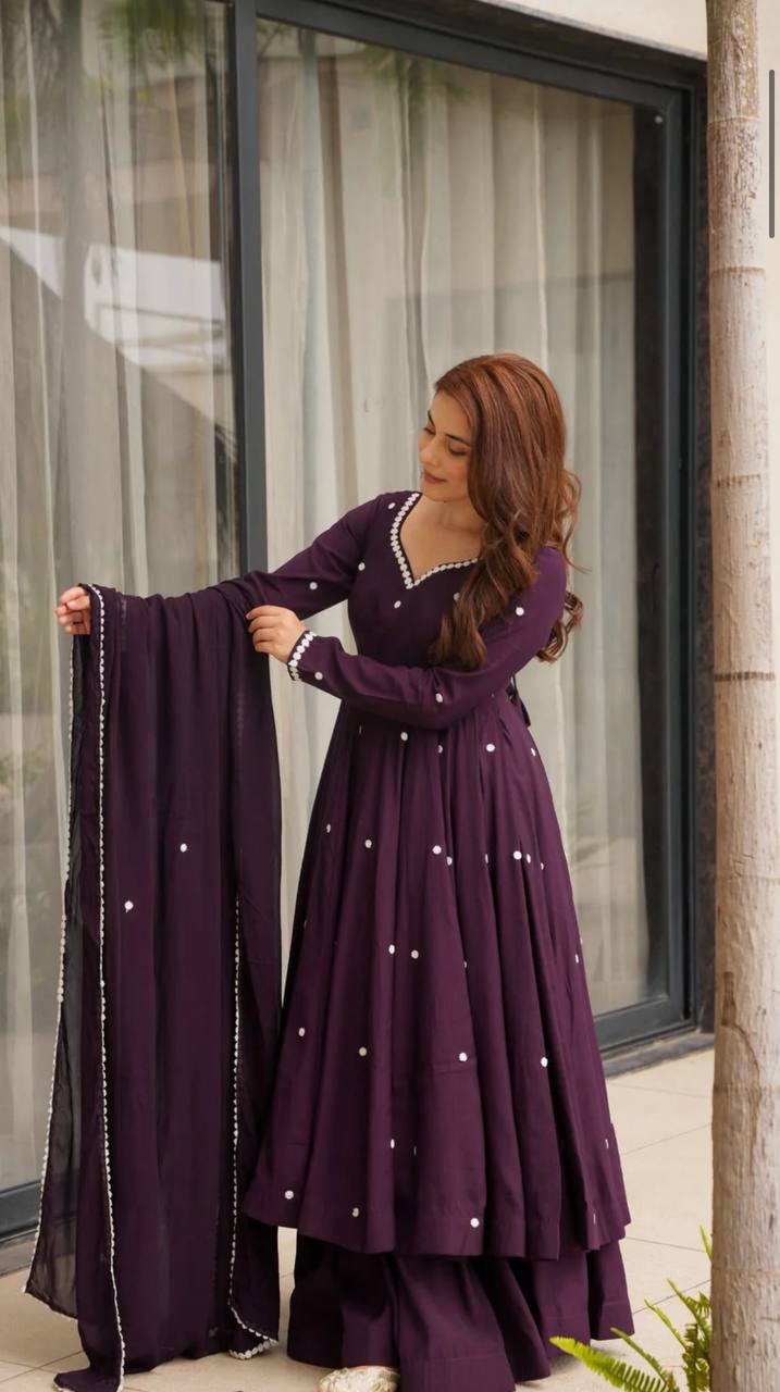 Yash Enterprise Wine Roman Silk Embroidery Party Wear Suit Set - Distacart