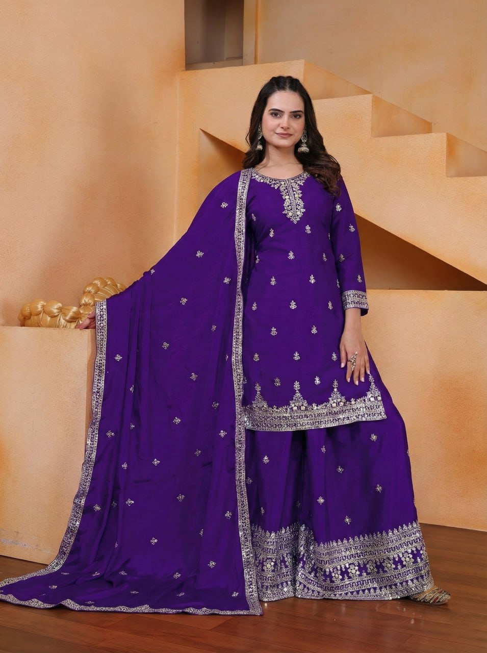Yash Enterprise Purple Chinon Silk Embroidery Party Wear Suit Set - Distacart