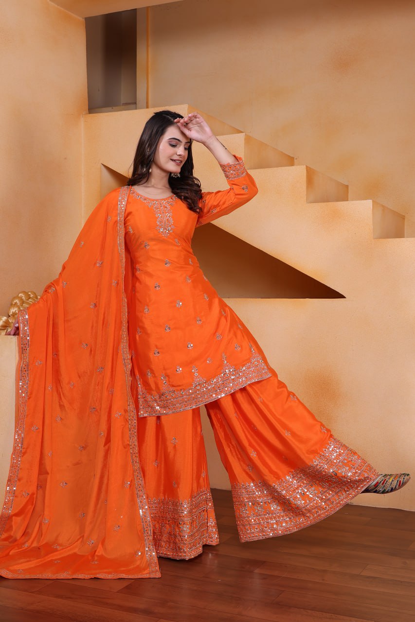 Yash Enterprise Orange Chinon Silk Embroidery Party Wear Suit Set - Distacart