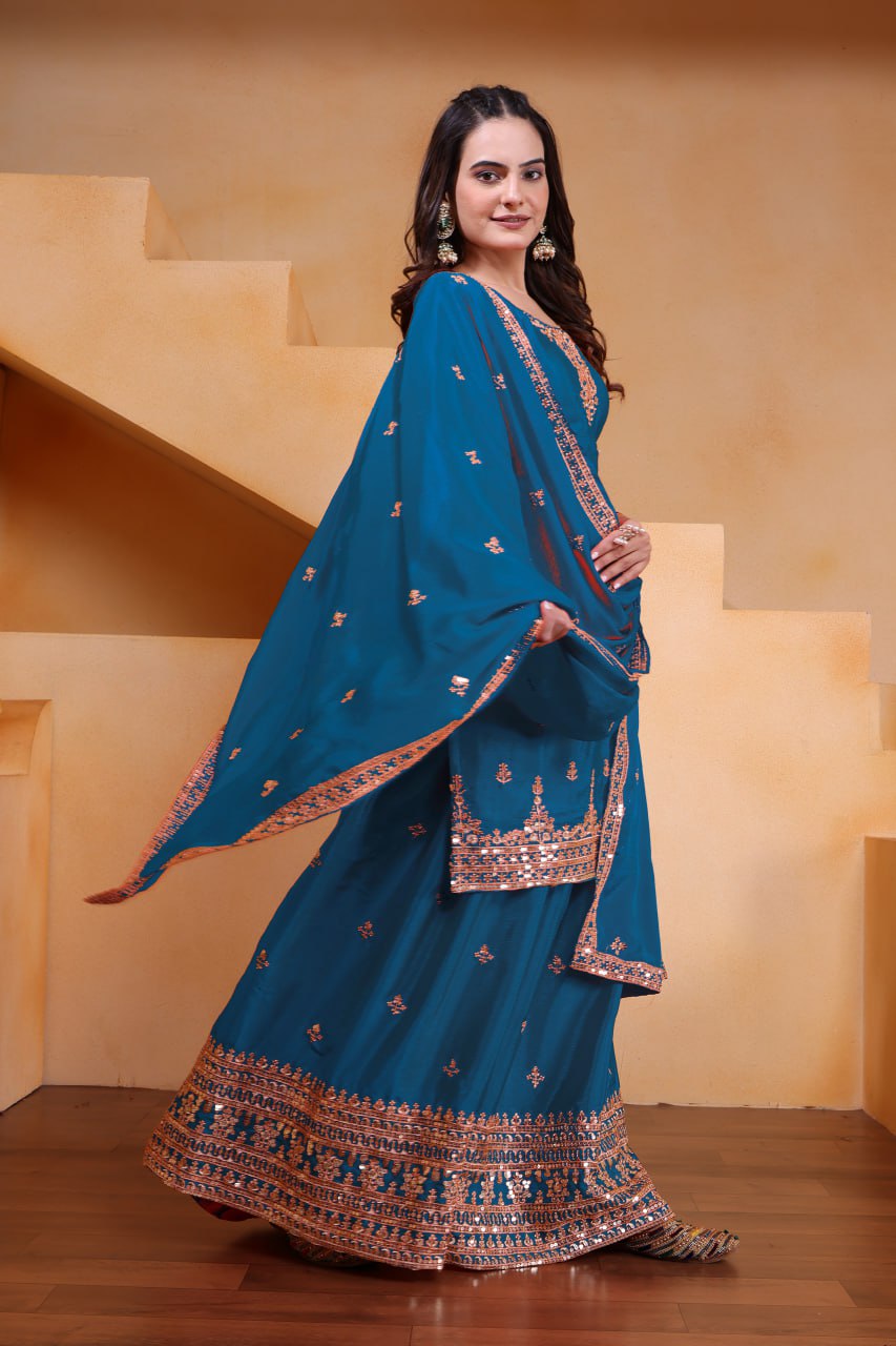 Yash Enterprise Rama Green Chinon Silk Embroidery Party Wear Suit Set - Distacart