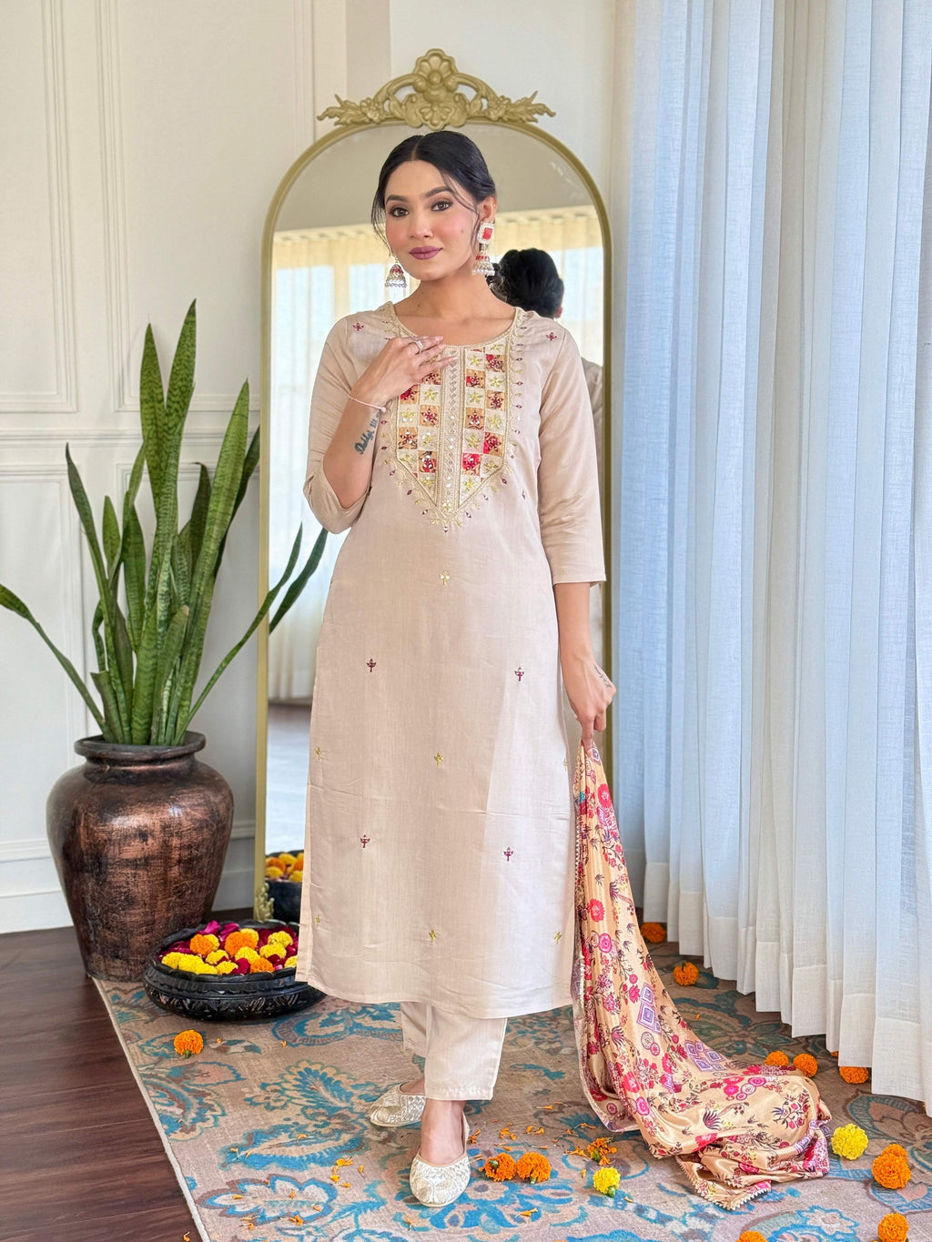 The52 Embroidered Rayon Fabric Straight Kurta, Pant and Dupatta Set - Distacart