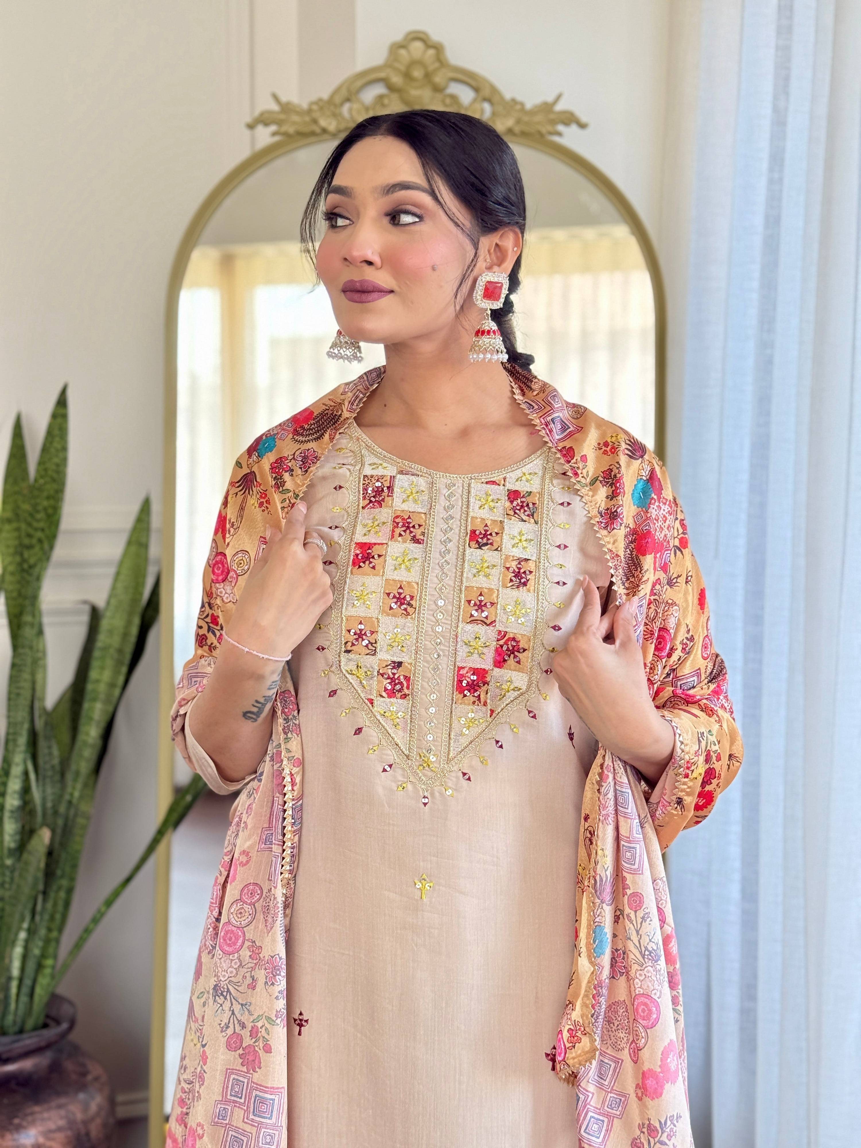 The52 Embroidered Rayon Fabric Straight Kurta, Pant and Dupatta Set - Distacart