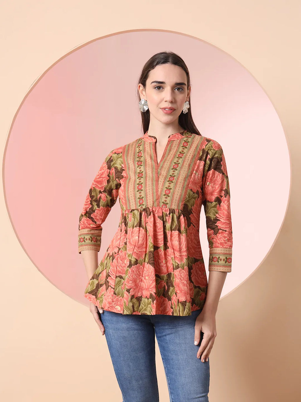 Yufta Peach Pure Cotton Gathered Or Pleated Top