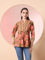 Yufta Peach Pure Cotton Gathered Or Pleated Top