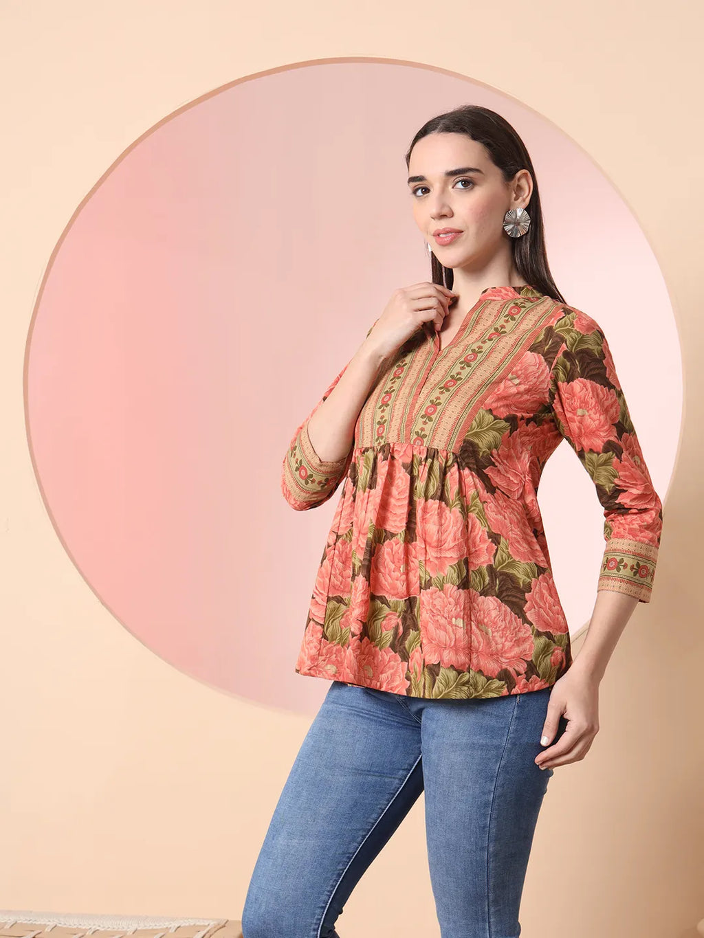 Yufta Peach Pure Cotton Gathered Or Pleated Top