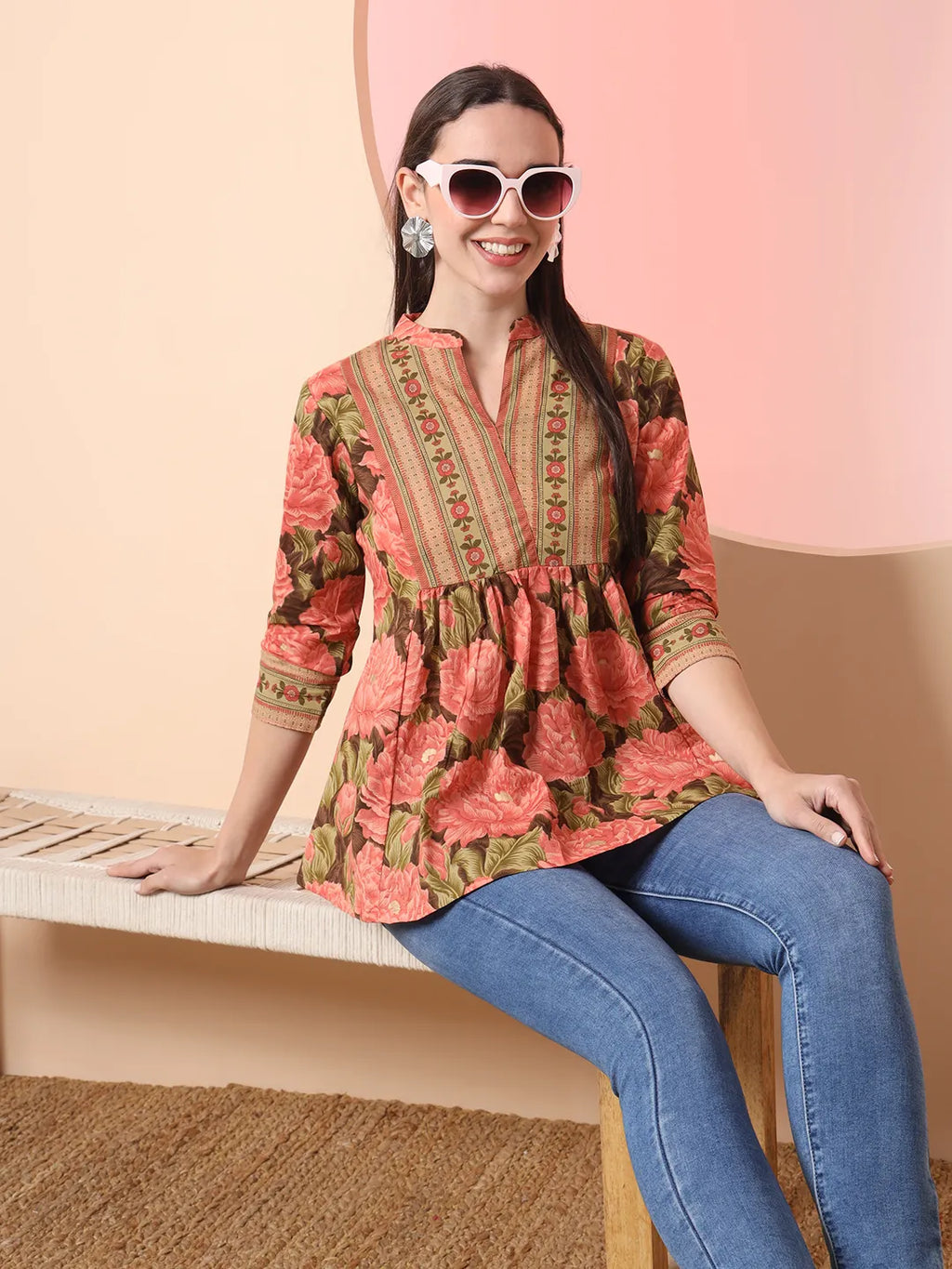 Yufta Peach Pure Cotton Gathered Or Pleated Top