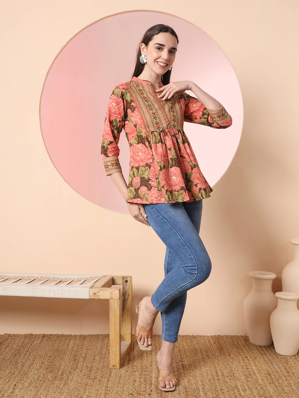 Yufta Peach Pure Cotton Gathered Or Pleated Top