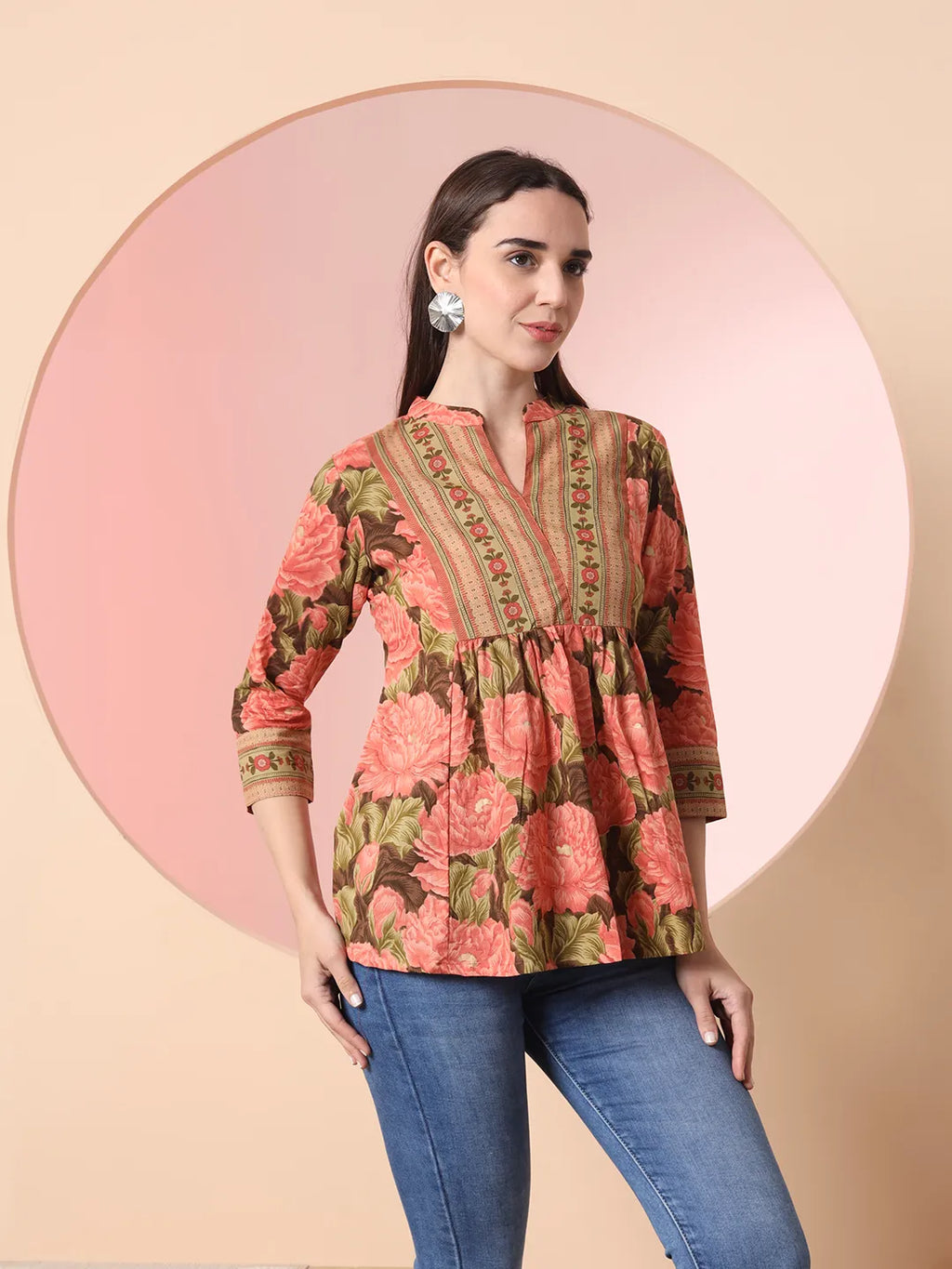 Yufta Peach Pure Cotton Gathered Or Pleated Top