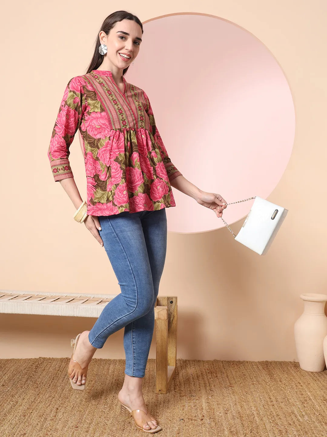 Yufta Pink Pure Cotton Gathered Or Pleated Top
