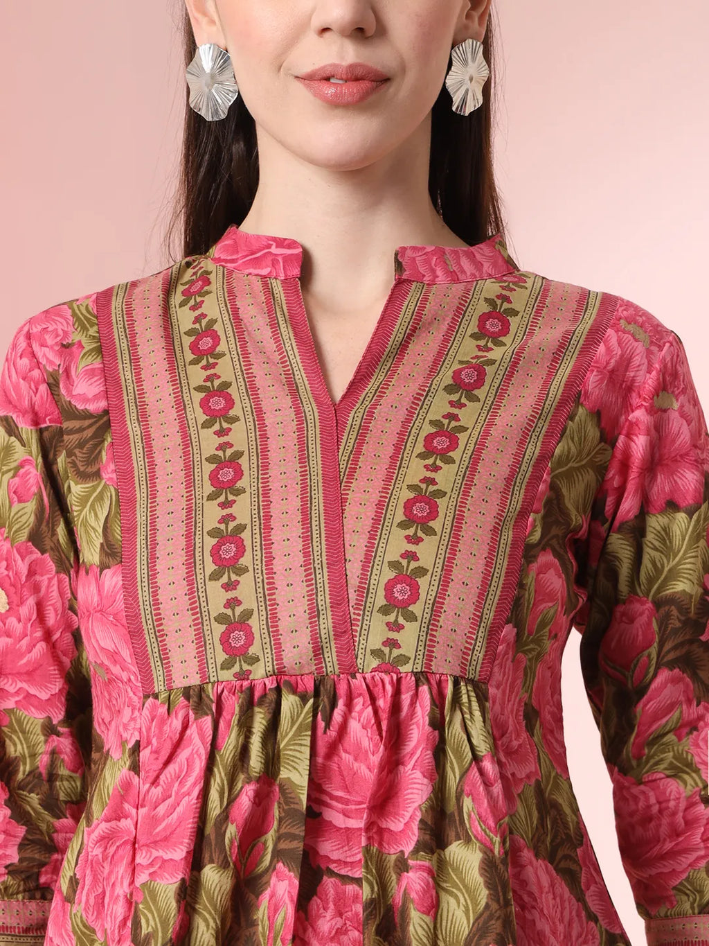 Yufta Pink Pure Cotton Gathered Or Pleated Top