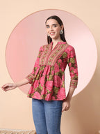 Yufta Pink Pure Cotton Gathered Or Pleated Top