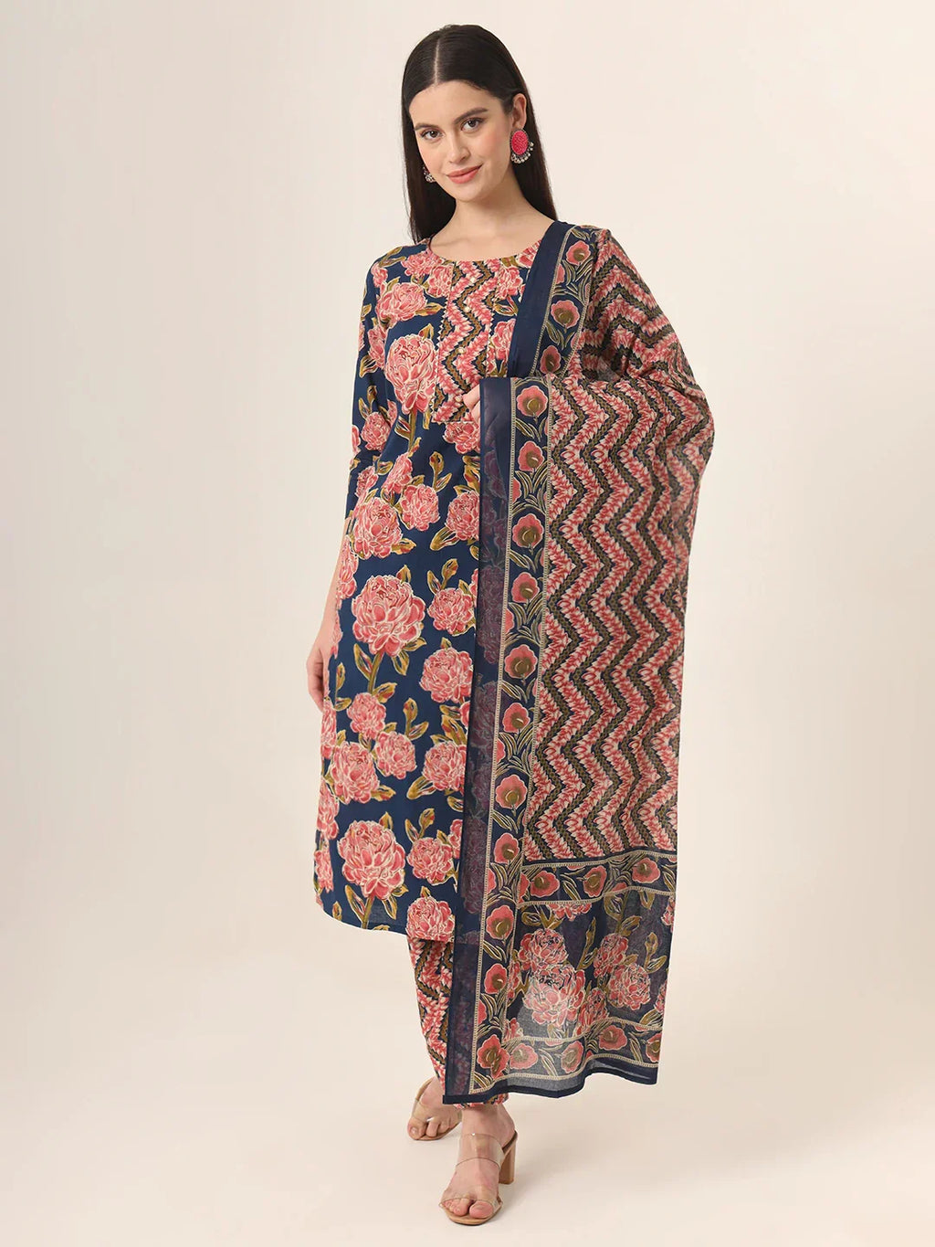 Yufta Blue Pure Cotton Straight Kurta Pants Dupatta Set