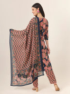 Yufta Blue Pure Cotton Straight Kurta Pants Dupatta Set