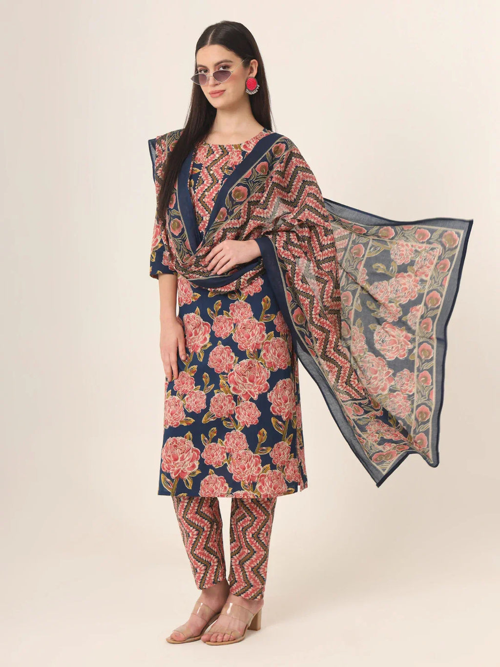Yufta Blue Pure Cotton Straight Kurta Pants Dupatta Set