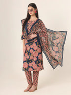 Yufta Blue Pure Cotton Straight Kurta Pants Dupatta Set