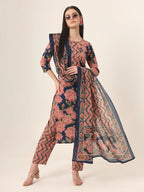 Yufta Blue Pure Cotton Straight Kurta Pants Dupatta Set