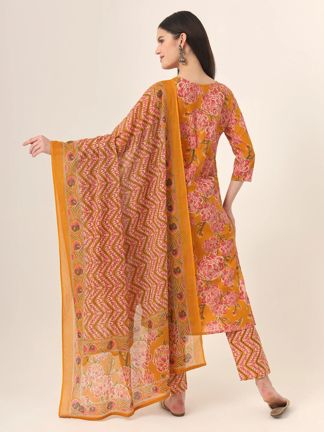 Yufta Mustard Pure Cotton Straight Kurta Pants Dupatta Set - Distacart
