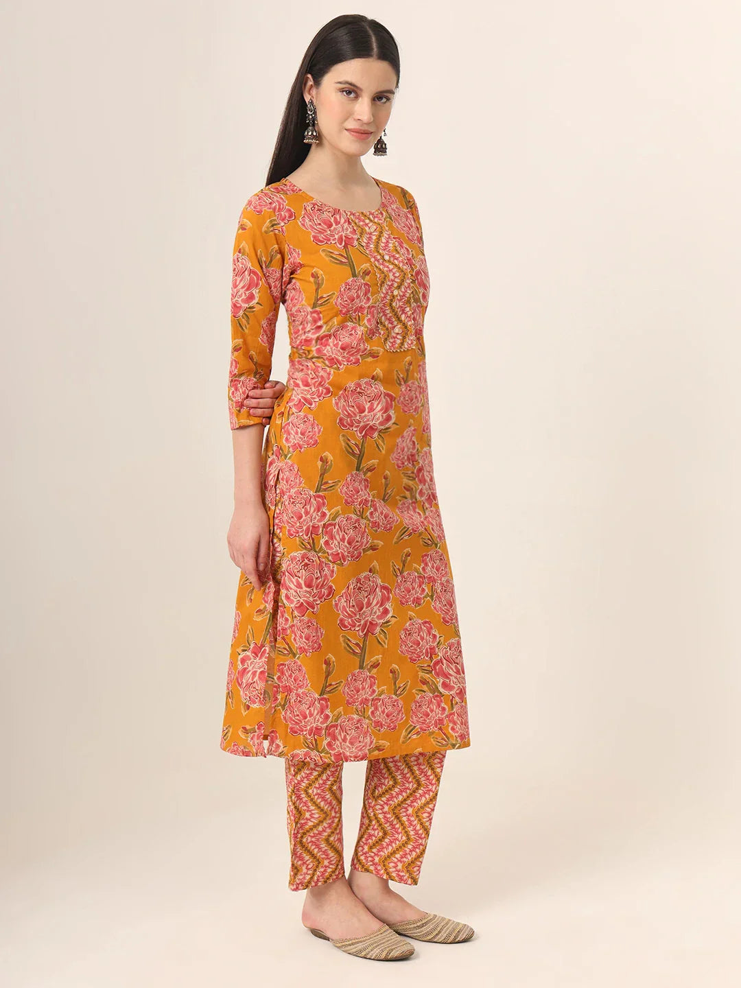 Yufta Mustard Pure Cotton Straight Kurta Pants Dupatta Set - Distacart