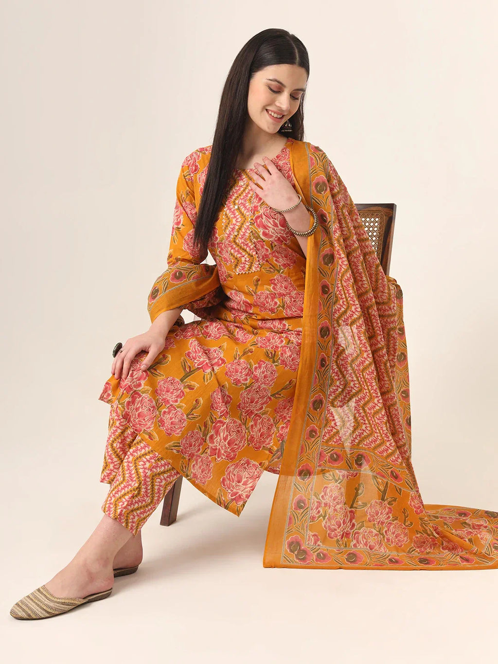 Yufta Mustard Pure Cotton Straight Kurta Pants Dupatta Set - Distacart