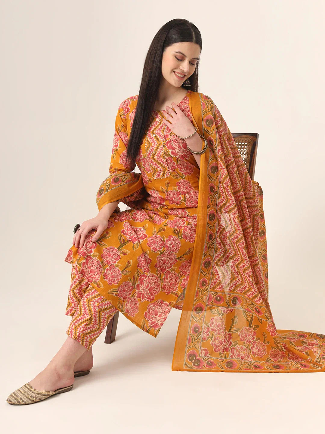 Yufta Mustard Pure Cotton Straight Kurta Pants Dupatta Set - Distacart