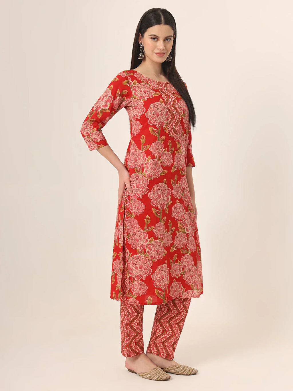 Yufta Red Pure Cotton Straight Kurta Pants Dupatta Set
