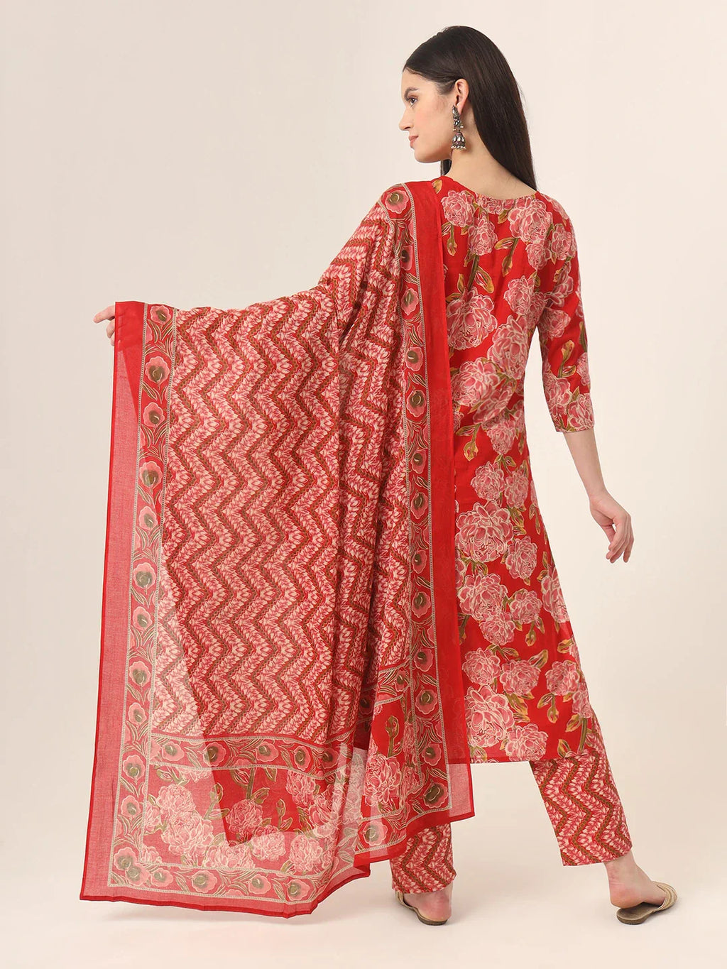 Yufta Red Pure Cotton Straight Kurta Pants Dupatta Set
