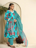 Yufta Pure Cotton Blue Kurta Dupatta Pant Set With Handwork