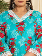 Yufta Pure Cotton Blue Kurta Dupatta Pant Set With Handwork