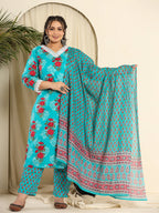 Yufta Pure Cotton Blue Kurta Dupatta Pant Set With Handwork