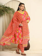 Yufta Pure Cotton Pink Kurta Dupatta Pant Set With Handwork
