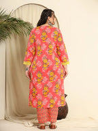 Yufta Pure Cotton Pink Kurta Dupatta Pant Set With Handwork