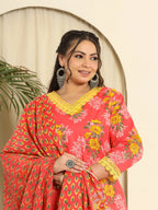 Yufta Pure Cotton Pink Kurta Dupatta Pant Set With Handwork