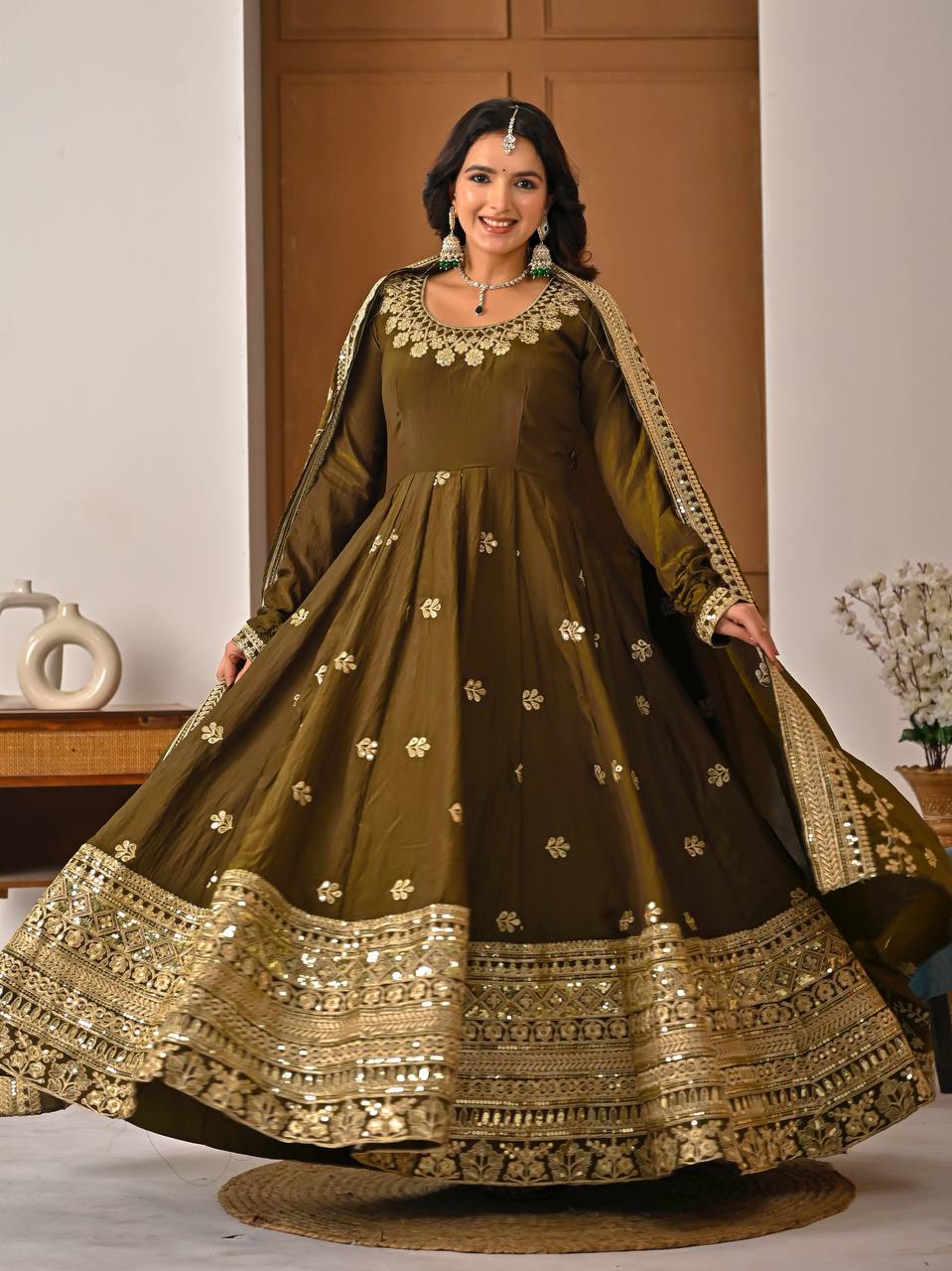Yash Enterprise Mehndi Vichitra Silk Party Wear Embroidery Suit Set - Distacart