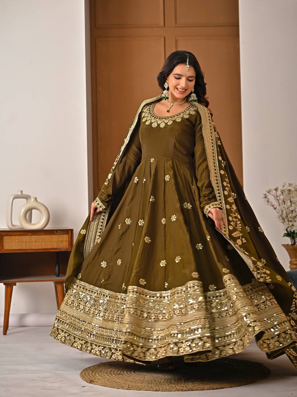 Yash Enterprise Mehndi Vichitra Silk Party Wear Embroidery Suit Set - Distacart