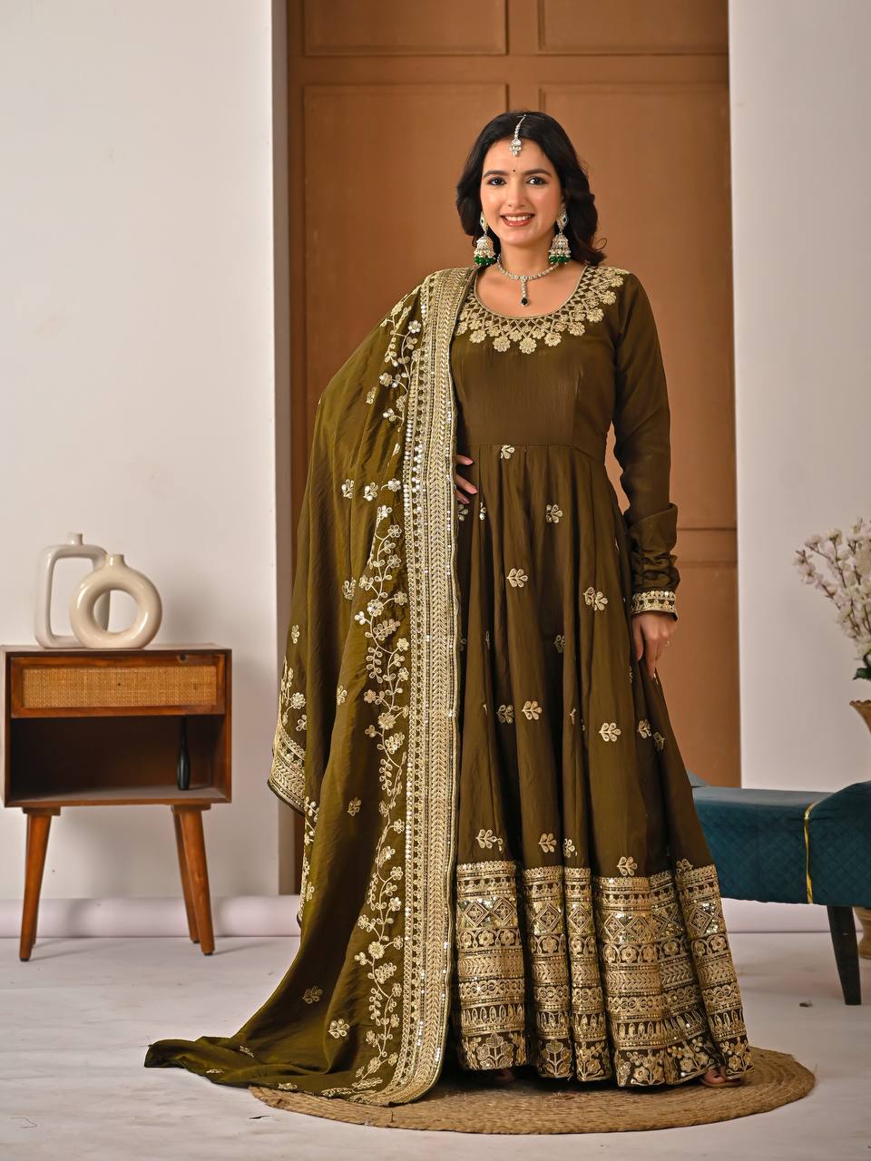 Yash Enterprise Mehndi Vichitra Silk Party Wear Embroidery Suit Set - Distacart