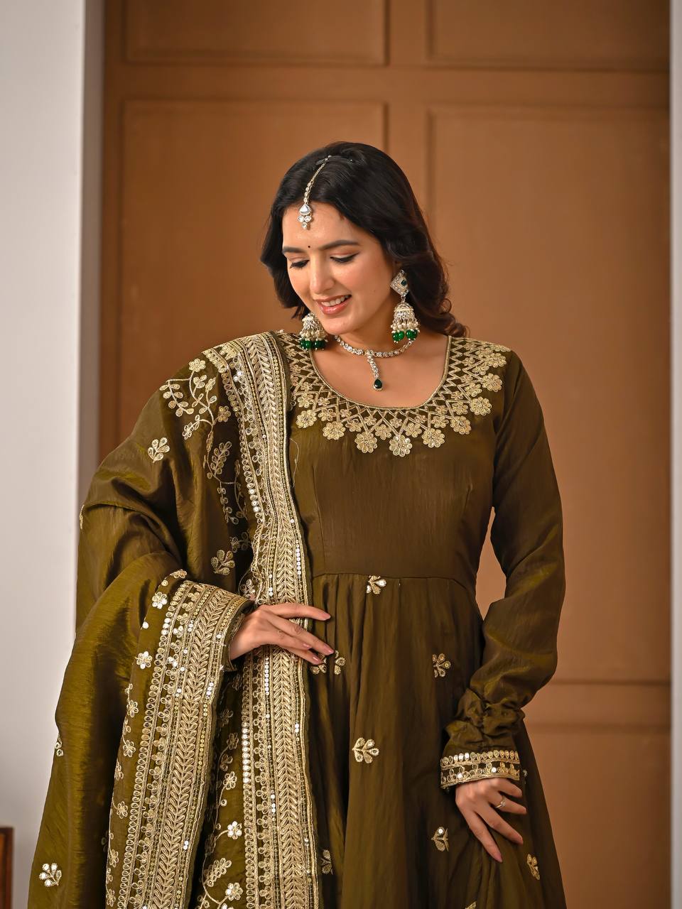Yash Enterprise Mehndi Vichitra Silk Party Wear Embroidery Suit Set - Distacart