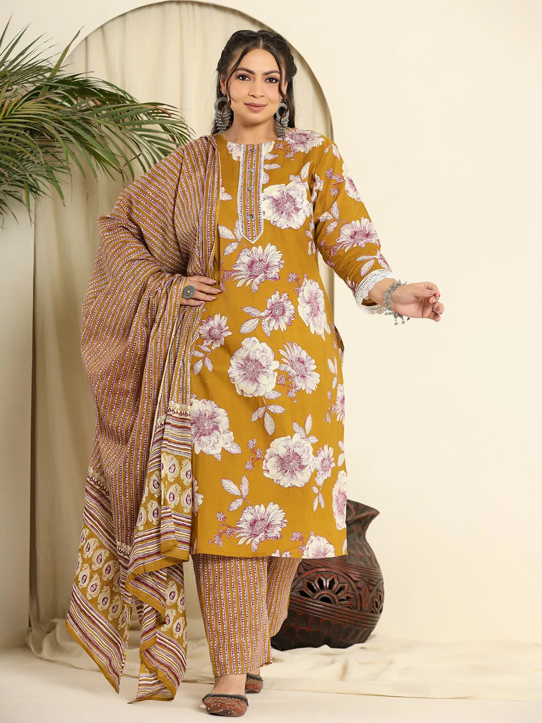 Yufta Mustard Pure Cotton Kurta Dupatta Pant Set With Handwork