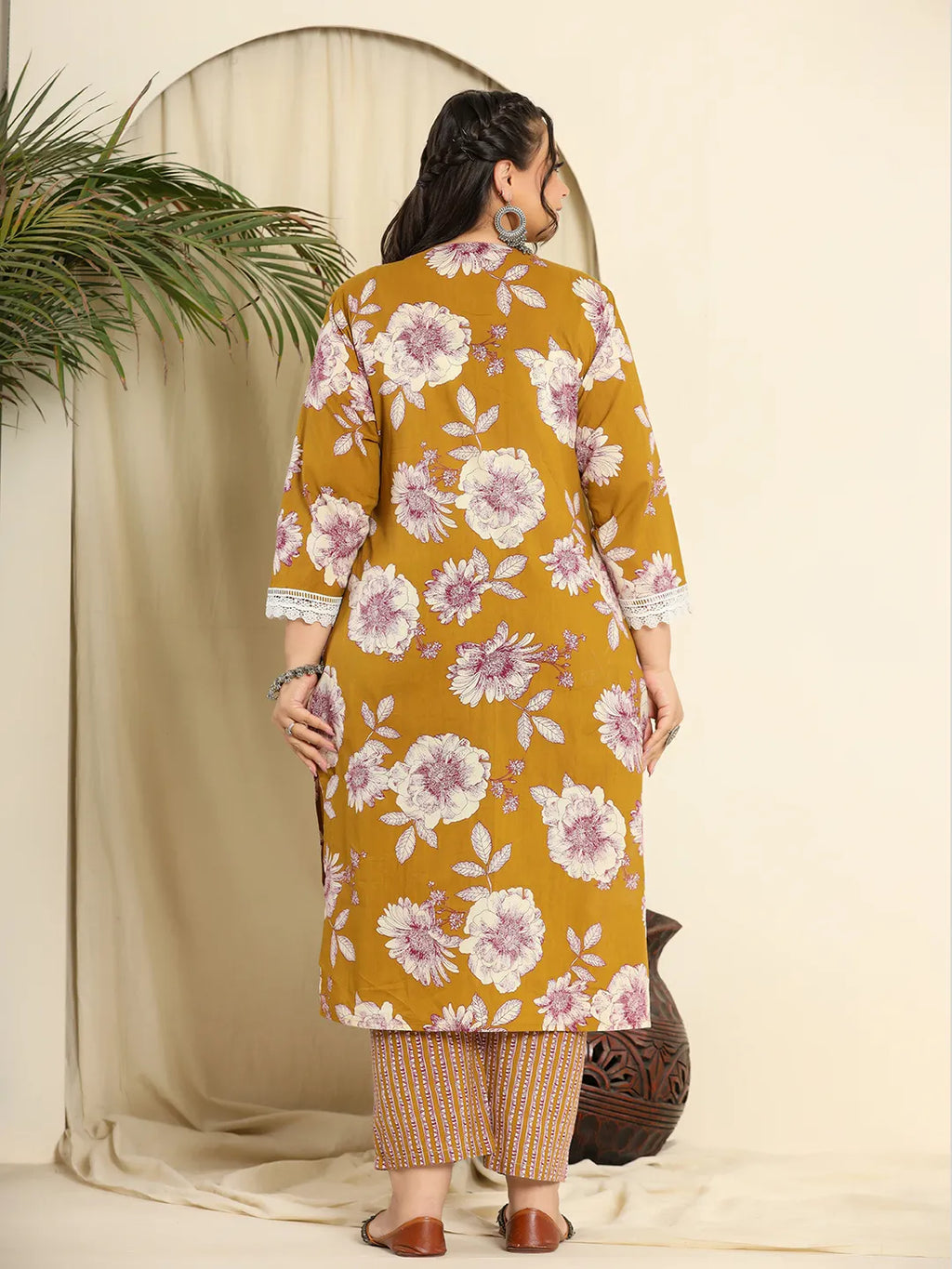 Yufta Mustard Pure Cotton Kurta Dupatta Pant Set With Handwork