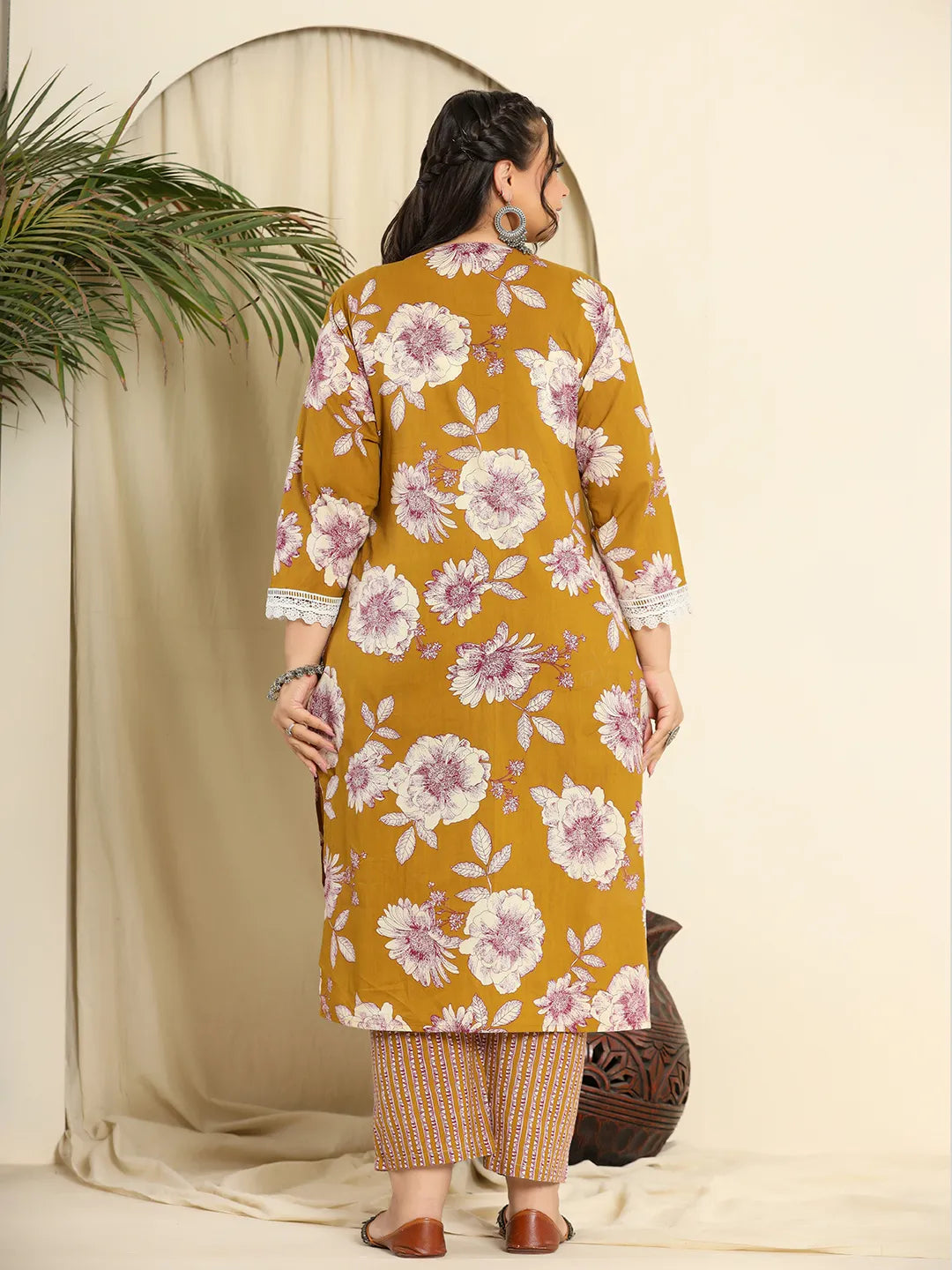 Yufta Mustard Pure Cotton Kurta Dupatta Pant Set With Handwork
