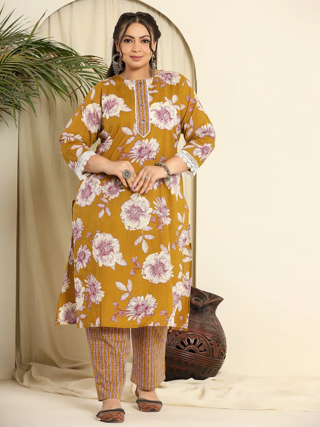 Yufta Mustard Pure Cotton Kurta Dupatta Pant Set With Handwork