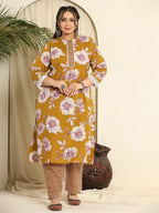 Yufta Mustard Pure Cotton Kurta Dupatta Pant Set With Handwork