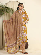 Yufta Mustard Pure Cotton Kurta Dupatta Pant Set With Handwork