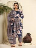 Yufta Navy Blue Pure Cotton Kurta Dupatta Pant Set With Handwork