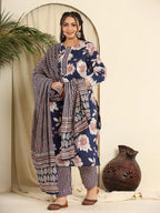 Yufta Navy Blue Pure Cotton Kurta Dupatta Pant Set With Handwork