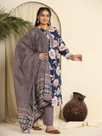 Yufta Navy Blue Pure Cotton Kurta Dupatta Pant Set With Handwork