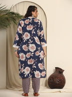 Yufta Navy Blue Pure Cotton Kurta Dupatta Pant Set With Handwork