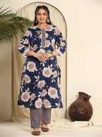Yufta Navy Blue Pure Cotton Kurta Dupatta Pant Set With Handwork