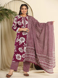 Yufta Purple Pure Cotton Kurta Dupatta Pant Set With Handwork