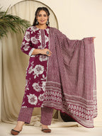 Yufta Purple Pure Cotton Kurta Dupatta Pant Set With Handwork