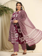 Yufta Purple Pure Cotton Kurta Dupatta Pant Set With Handwork
